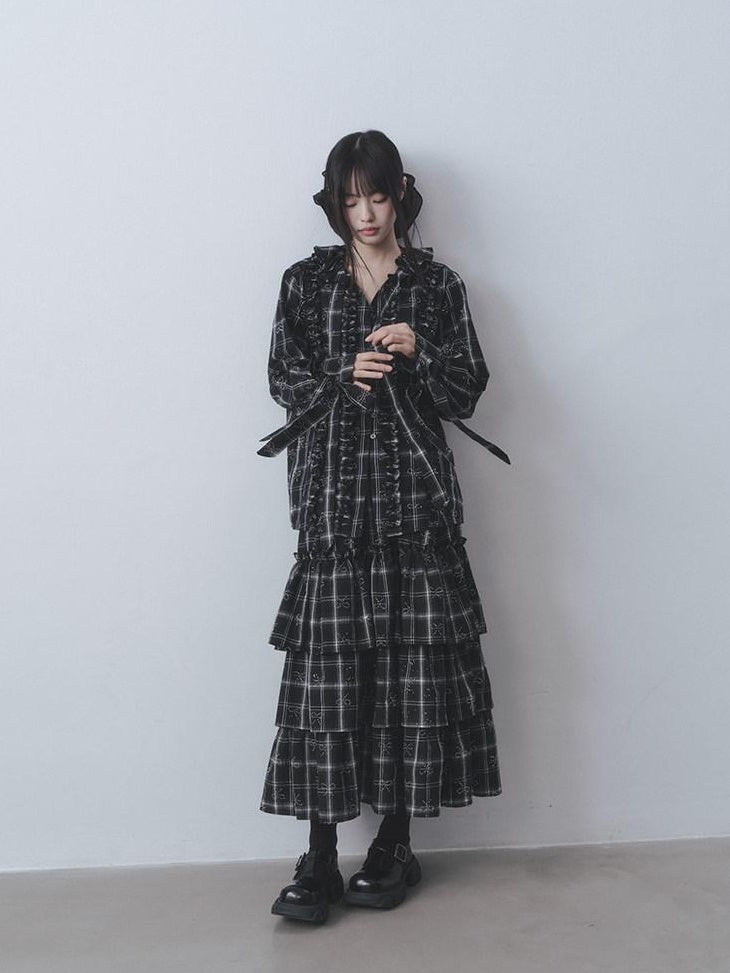 DDGIRL studio Wrinkle Free Black Plaid Collared Bow High Waist Loose Women Office Top & Skirt Sets