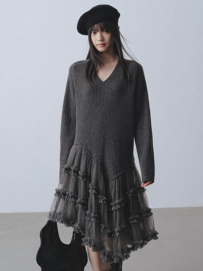 DDGIRL studio Warm 100 Percent Wool High Waist Mesh Splice A Line Sweater Midi Dresses