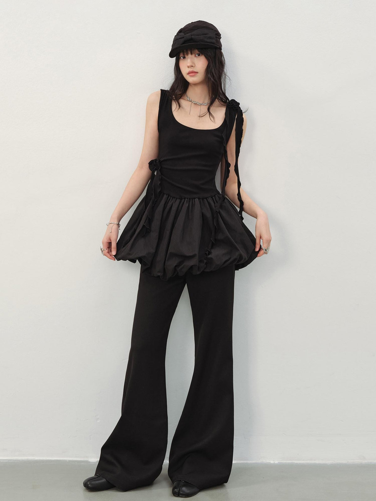 DDGIRL studio Soft Cotton Ruffle Aline Slim Cute Date Sleeveless U Neck Black Mini Dresses