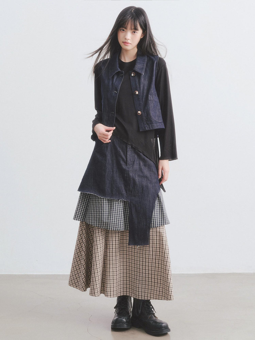 DDGIRL studio Asymmetric Plaid Leather Lapel Vest High Waist Skirt Women Top & Skirt Sets