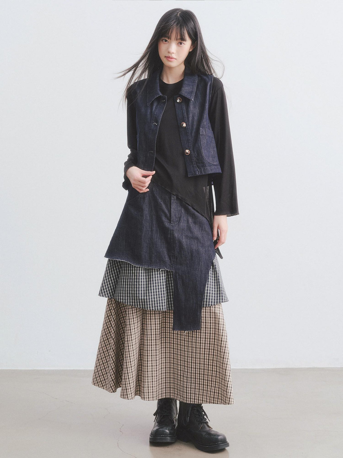 DDGIRL studio Asymmetric Plaid Leather Lapel Vest High Waist Skirt Women Top & Skirt Sets