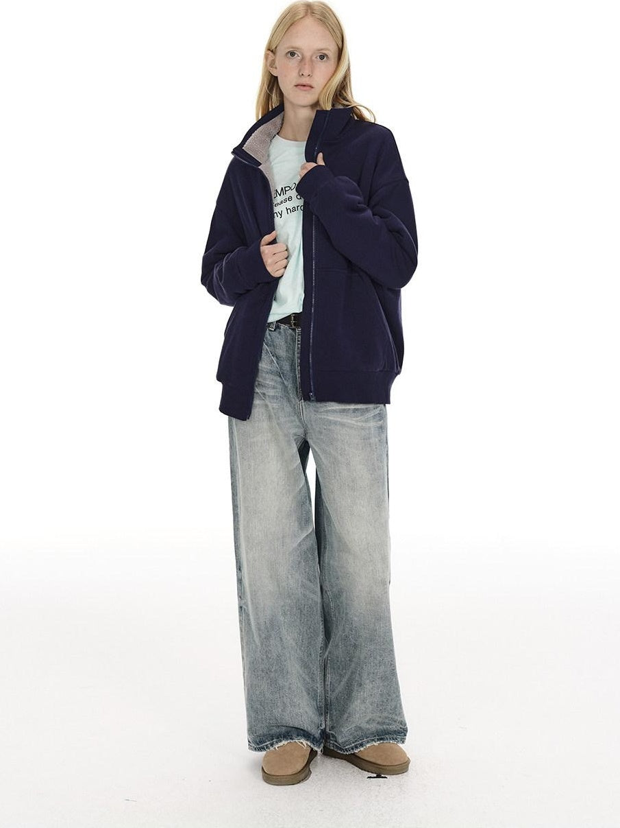 Country Moment Mid Rise Washed Whisker Brushed Cotton Casual Unisex Blue Wide Leg Jeans