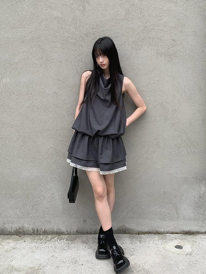 DDGIRL studio Lace Panel High Waist A Line Sleeveless Commuter Young Women Mini Dresses