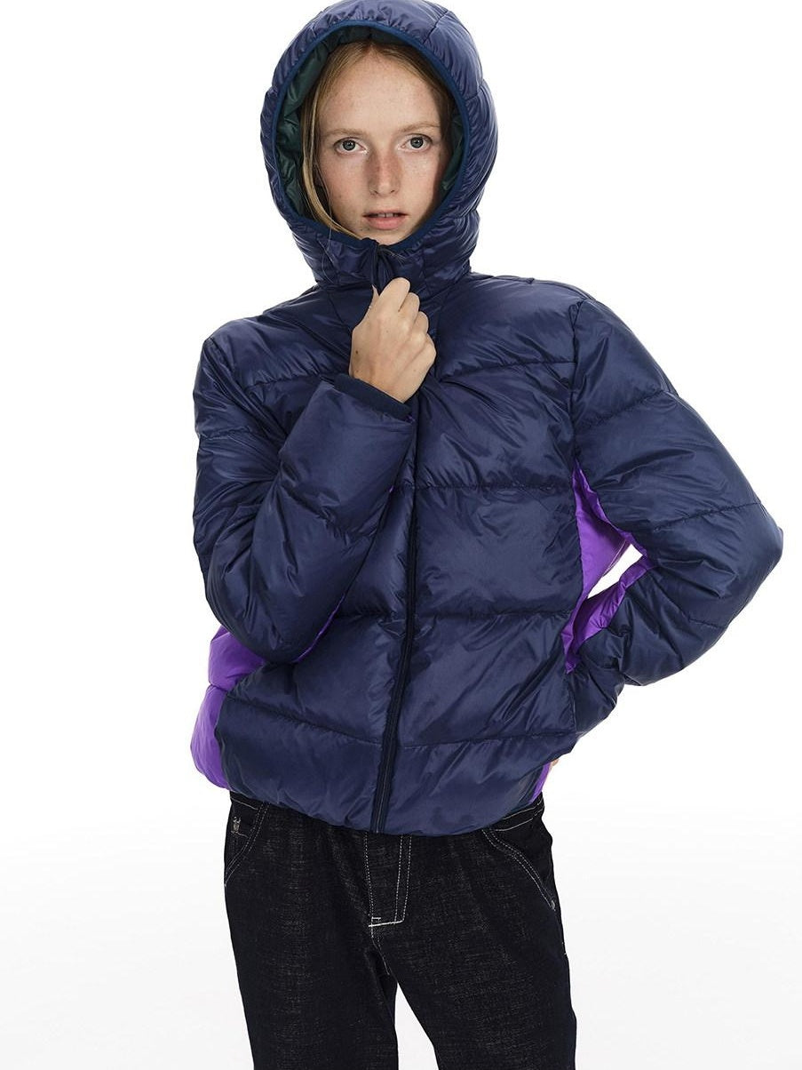 Country Moment 90 Fill White Duck Down Hooded Short Loose Navy Zipper City Commute Down Jackets