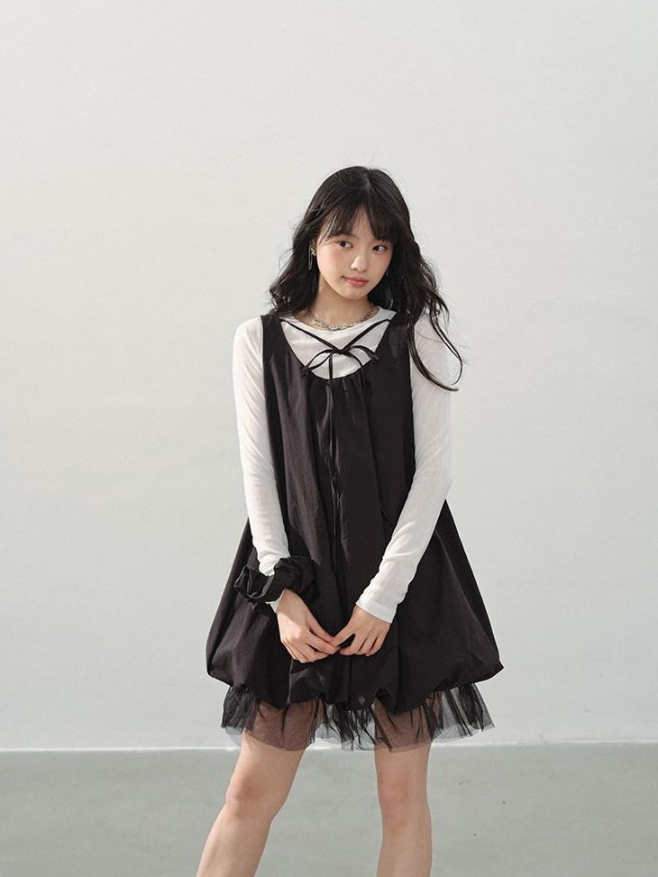 DDGIRL studio Sweet Mesh A Line Black Loose Waist Bubble Skirt U Neck Work Top & Skirt Sets