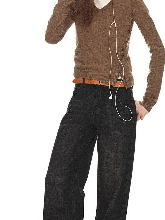 Country Moment Distressed Low Rise Cotton Non Stretch Casual Unisex Black Straight Leg Jeans