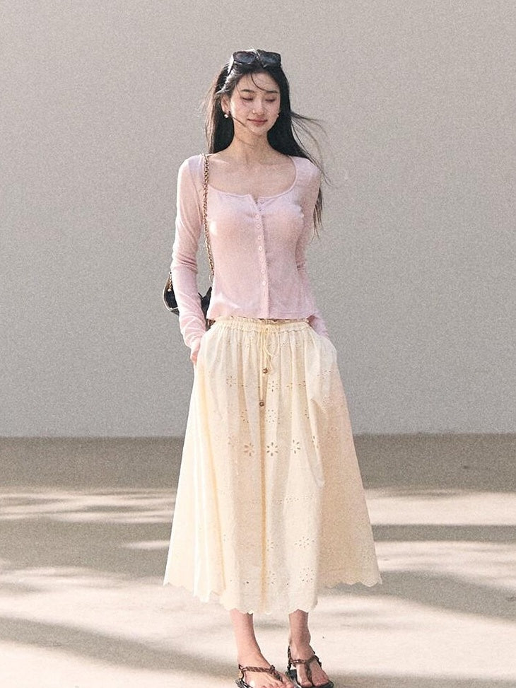 7 OAKMOO Cotton Lined Embroidered A Line Ruffle Elastic Mid Waist Women Maxi Skirts