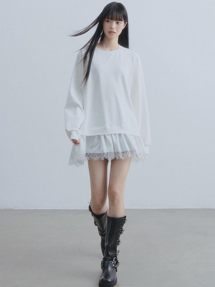 DDGIRL studio Soft Patchwork Loose Sweatshirt Girly Oversized Long Sleeve White Mini Dresses