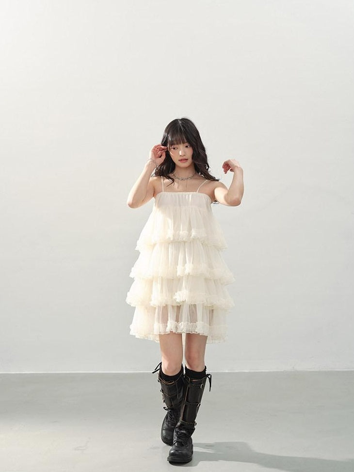 DDGIRL studio Breathable Soft Sweet Princess A Line Tiered Camisole Cream Mini Dresses