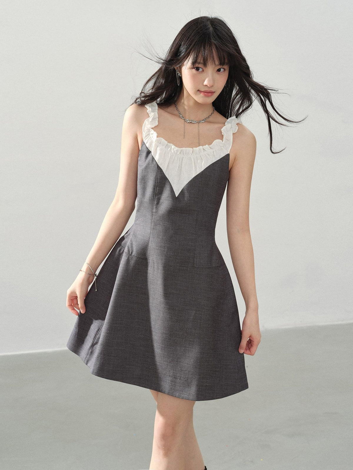 DDGIRL studio Shape Retaining Ruffle Neck High Waist Strappy A Line Office Gray Mini Dresses