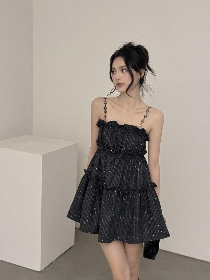DDGIRL studio Shape Retain Strappy A Line Loose Waist Black Poly Wool Blend Mini Dresses