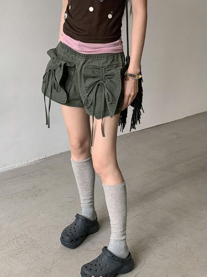 DDGIRL studio High Waist Faded 96 Percent Cotton Wide Leg Loose Fit Army Green Denim Shorts