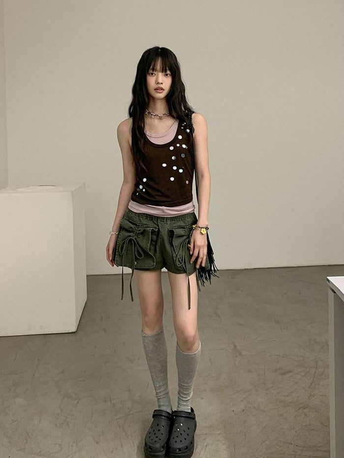 DDGIRL studio High Waist Faded 96 Percent Cotton Wide Leg Loose Fit Army Green Denim Shorts