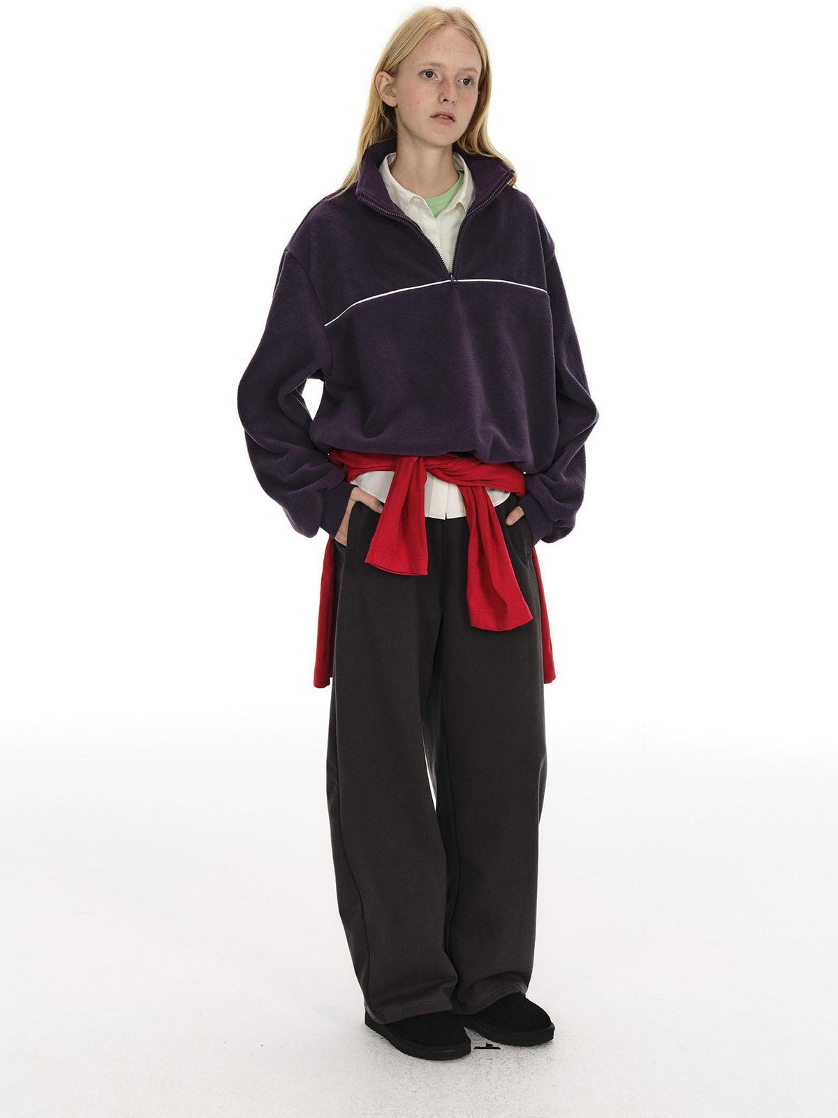 Country Moment Warm Fleece Short Zip Stand Collar Colorblock Loose Fit Unisex Purple Sweatshirt