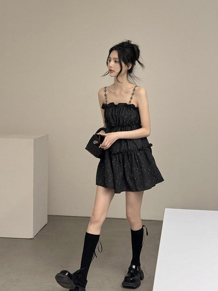 DDGIRL studio Shape Retain Strappy A Line Loose Waist Black Poly Wool Blend Mini Dresses