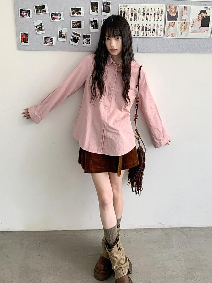 DDGIRL studio Breathable 100% Cotton Loose Fit Polo Collar Button Long Sleeve Pink Shirts