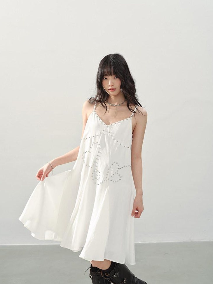 DDGIRL studio Soft Beaded Girly A Line V-neck Spaghetti Strap Cotton Wedding Midi Dresses