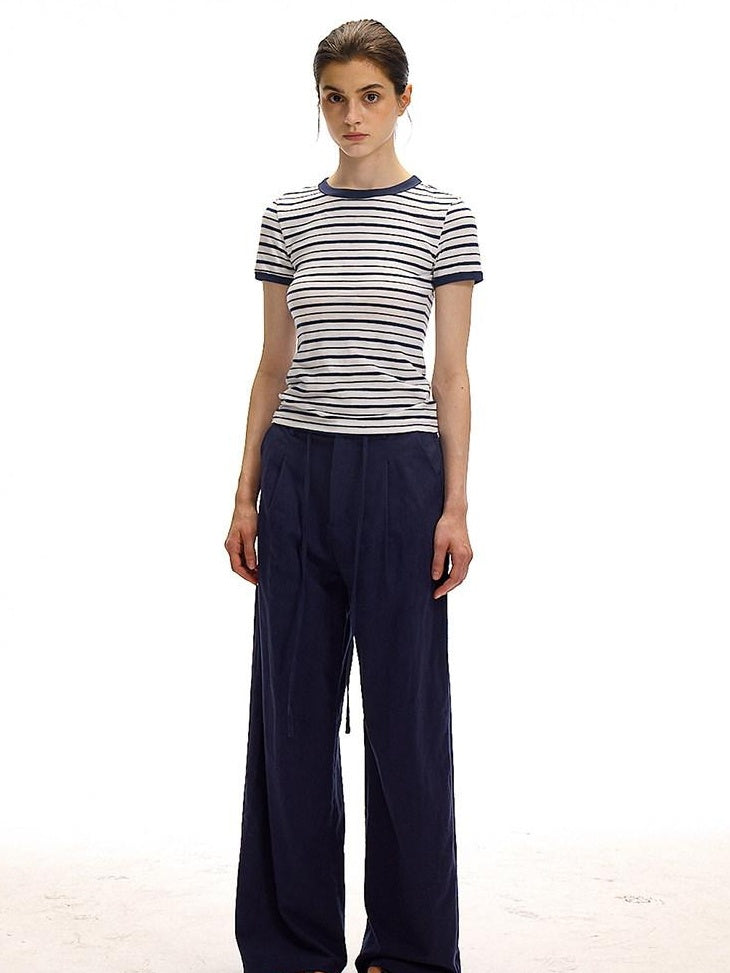 Country Moment Cotton Linen Minimal Belted Natural Waist Navy Office Wide Leg Pants