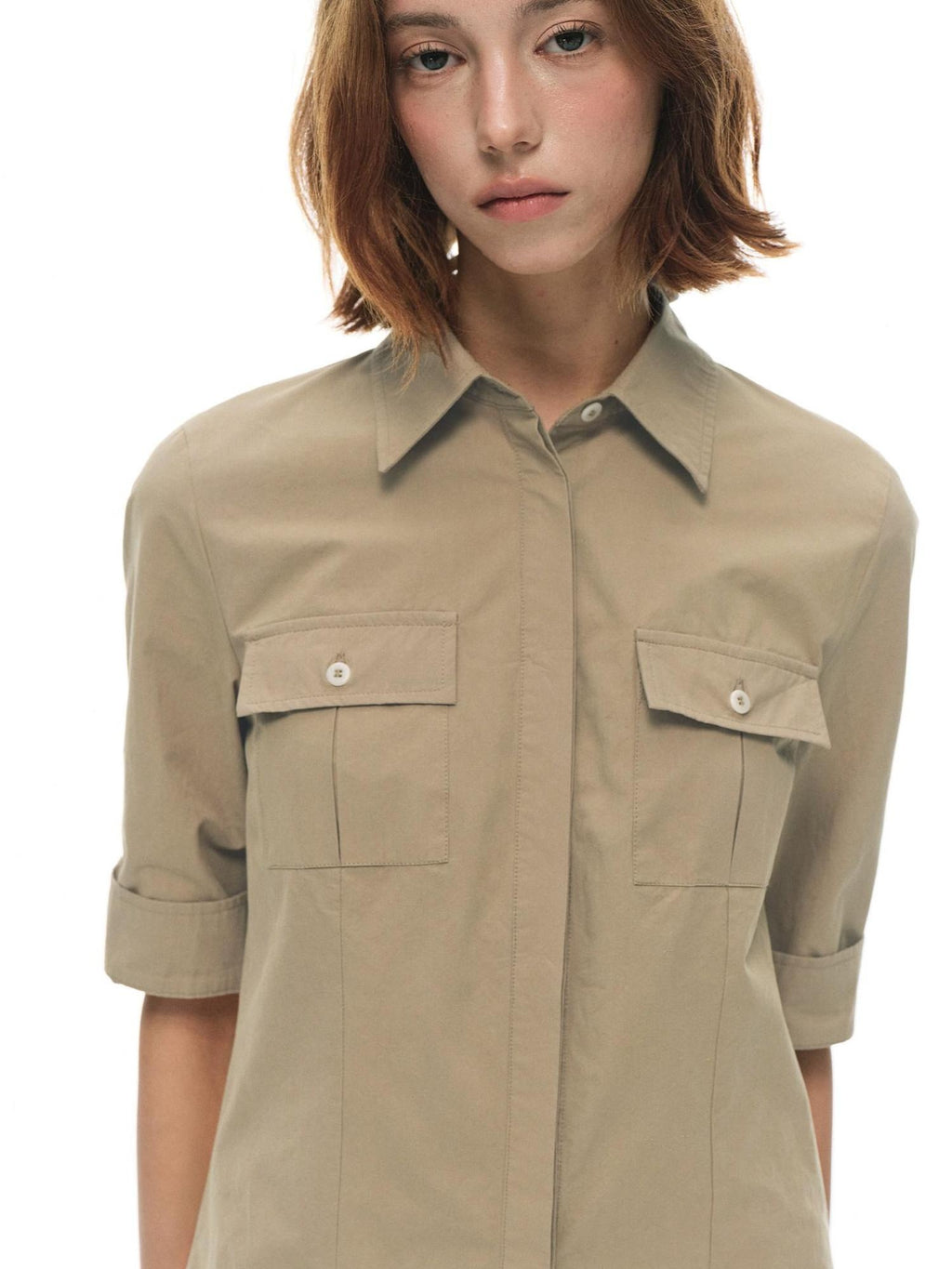 Country Moment Breathable Cotton Slim Fit Collared Half Sleeve Khaki Women Patch Pocket Shirts