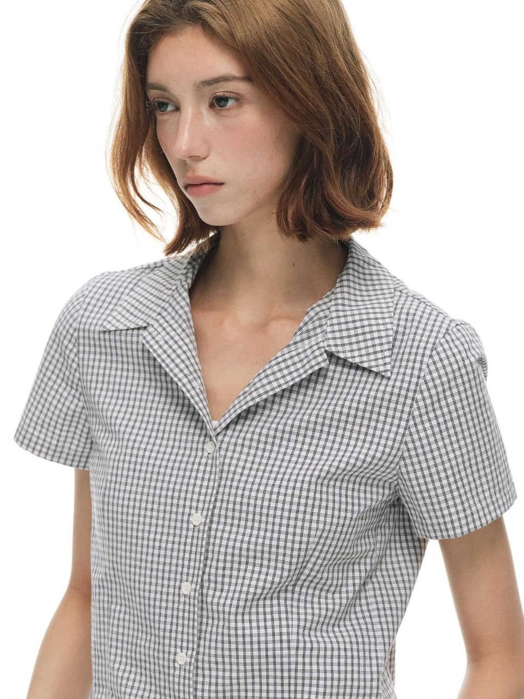 Country Moment Cotton Fitted Button Cuban Collar Black White Plaid Short Sleeve Women Shirts