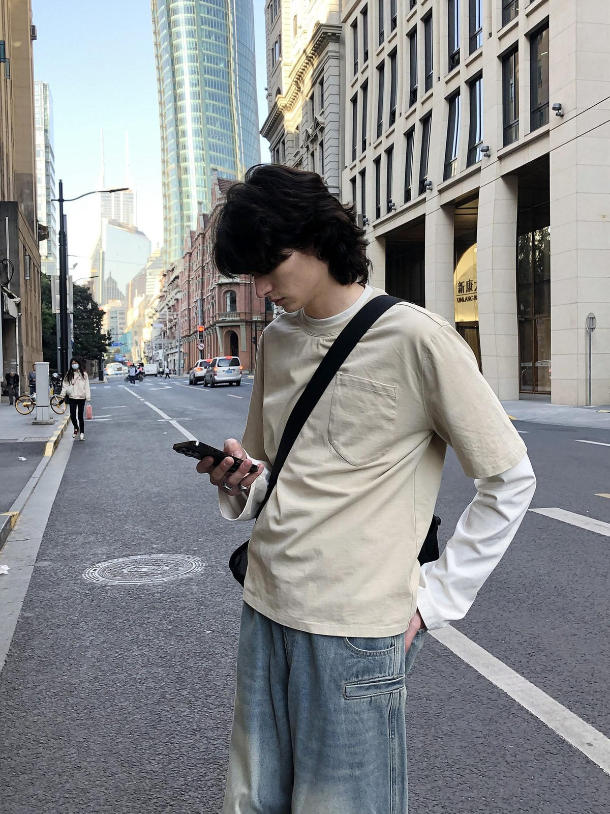 Country Moment Soft Breathable 100% Cotton Loose Crew Neck Unisex Khaki Long Sleeve T-Shirts