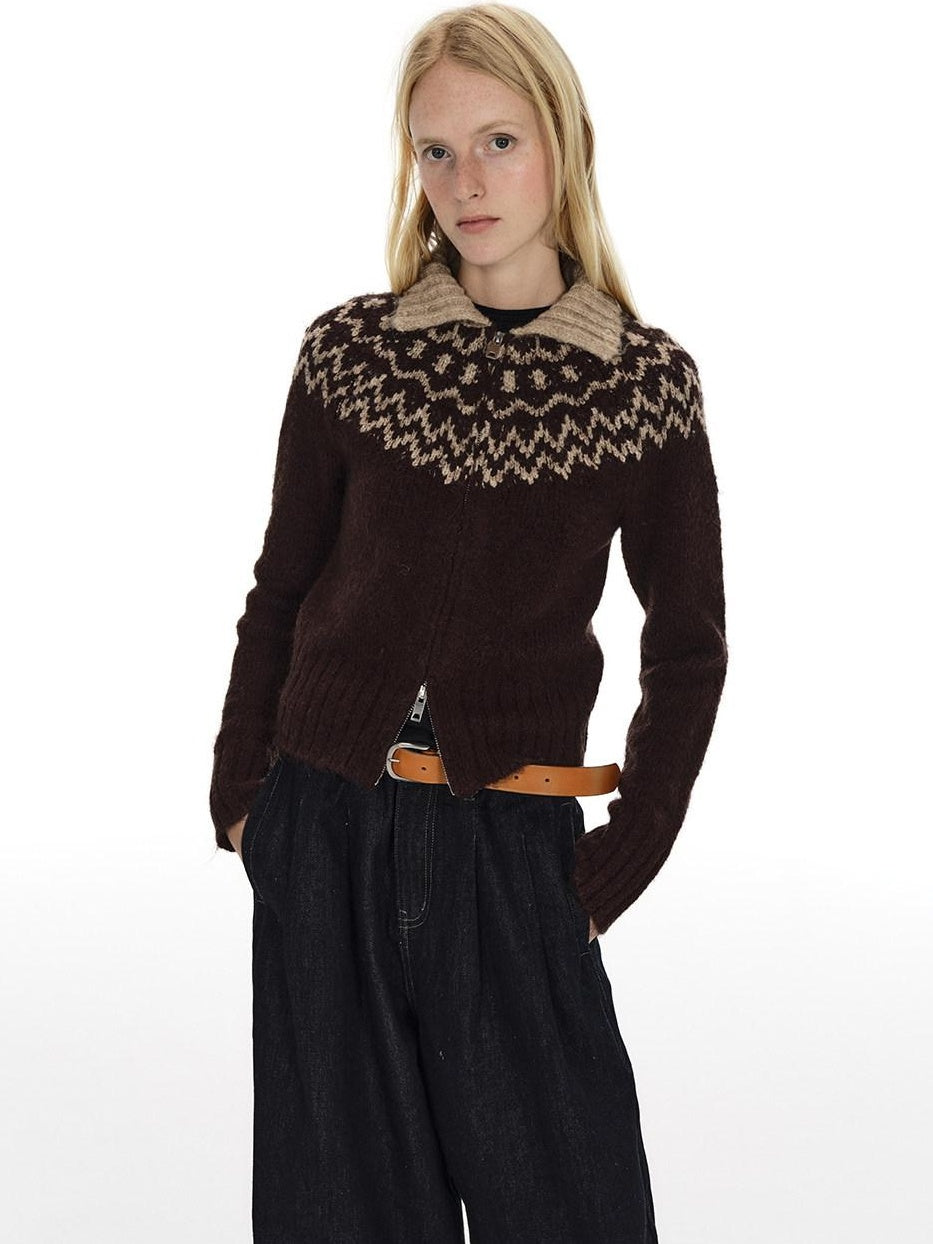 Country Moment Soft Wool Blend Thermal Slim Jacquard Zip Front Unisex Brown Cardigans