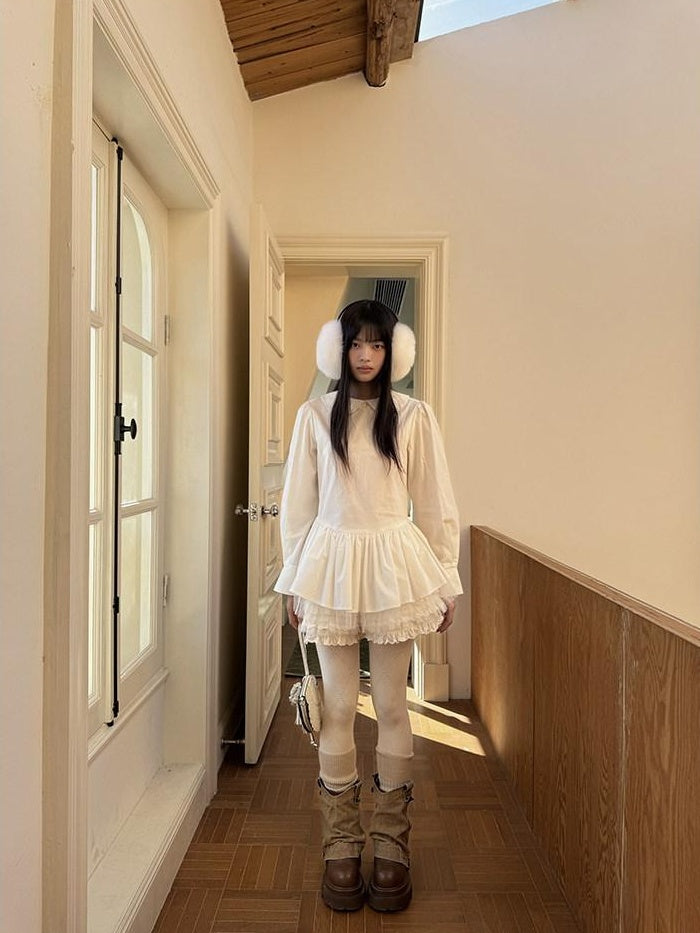 DDGIRL studio Breathable Patchwork Doll Collar Cotton Blend Cropped Long Sleeve White Blouses