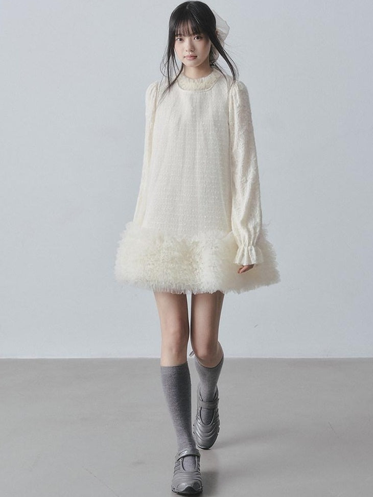 DDGIRL studio Ultra Soft Knit Petal Sleeve Pullover Office Casual Off White Mini Dresses