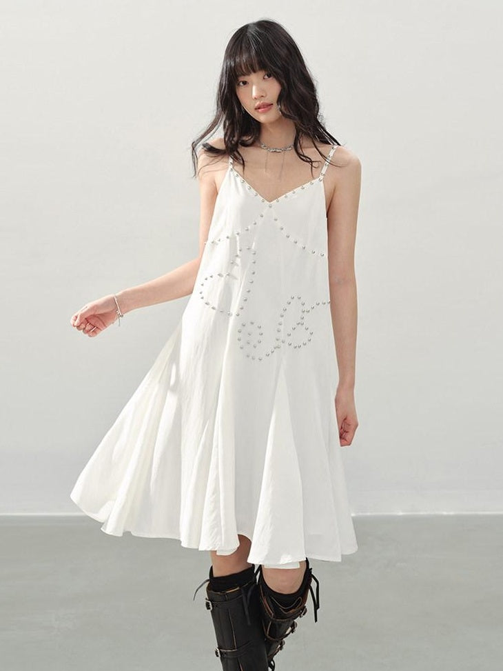 DDGIRL studio Soft Beaded Girly A Line V-neck Spaghetti Strap Cotton Wedding Midi Dresses