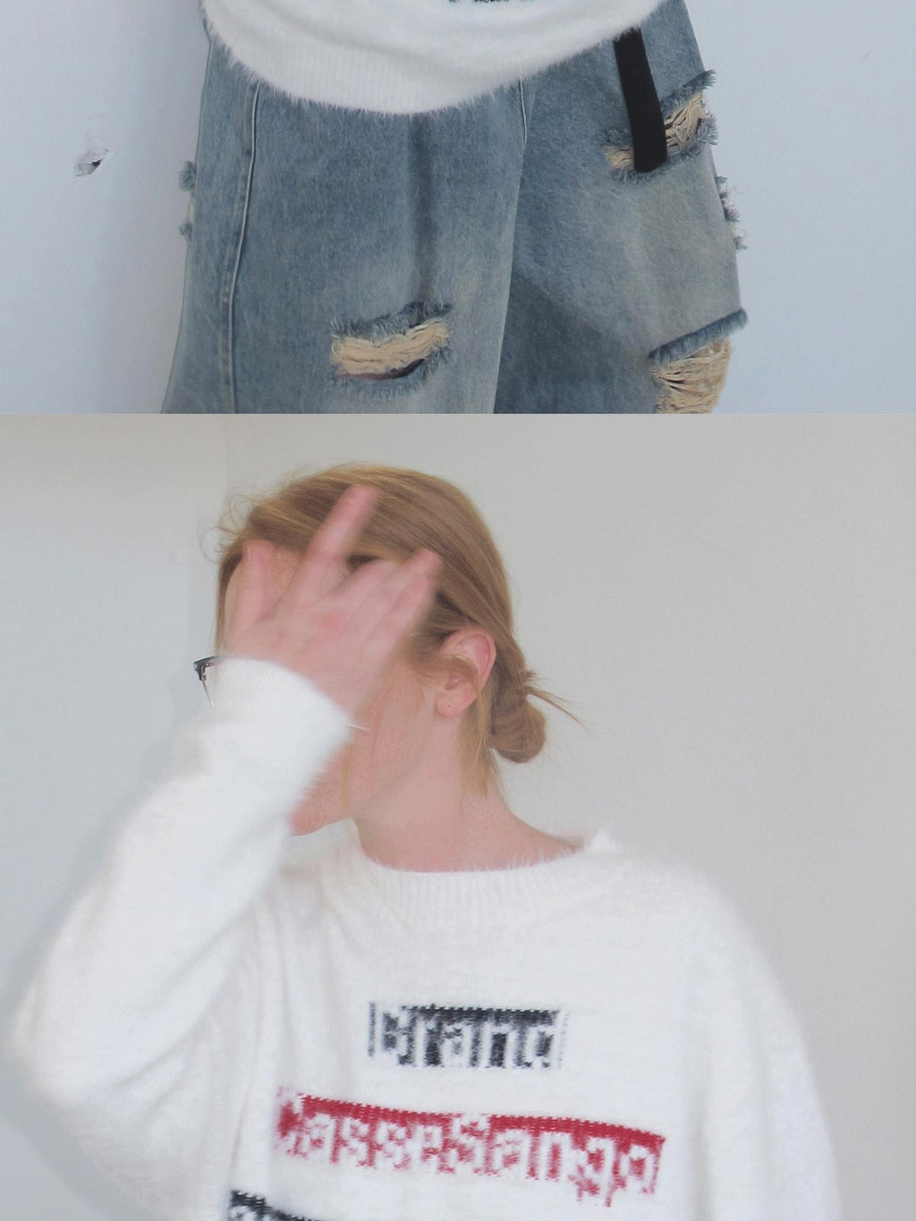 CasseSango Jacquard Letter Crewneck Pullover Trendy Youth Casual White Knit Sweaters