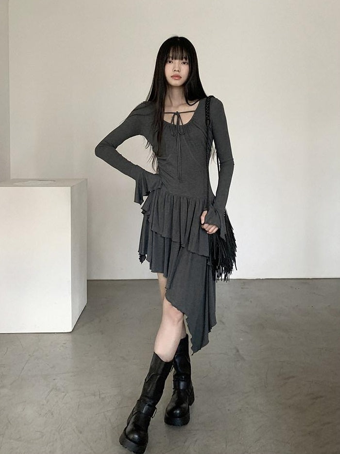 DDGIRL studio Soft Stretch Lyocell Asymmetric Cinched Waist U Neck Commuter Midi Dresses