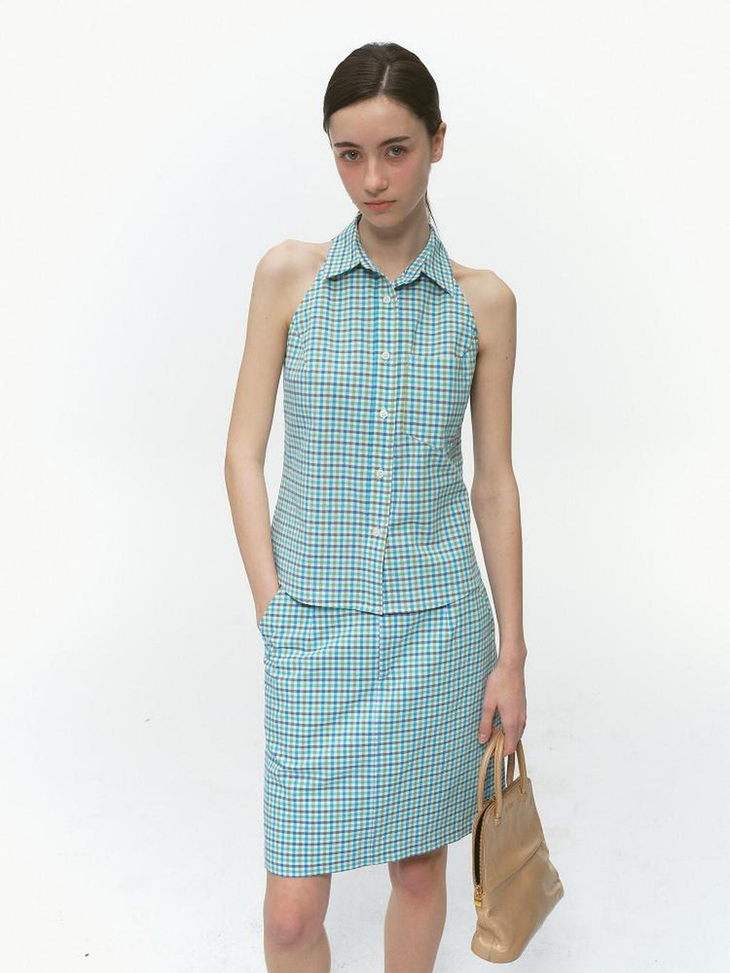 Country Moment Pure Cotton Commuter Literary A Line Mid Rise Office Green Plaid Mini Skirts