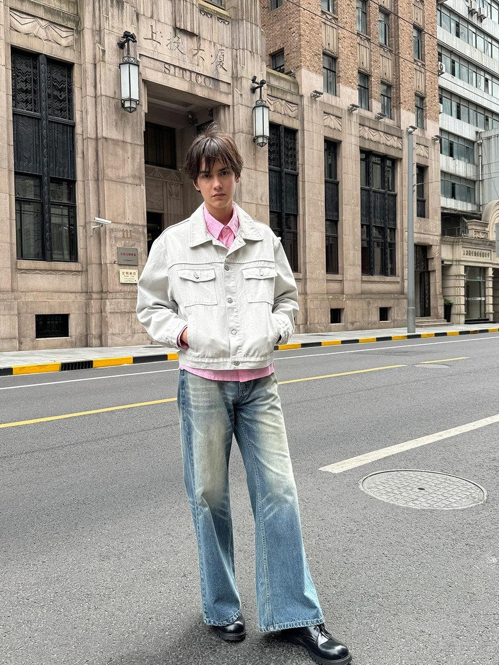 Country Moment Loose Fit Cropped Lapel Unisex 100 Percent Cotton Solid Grey Denim Jackets