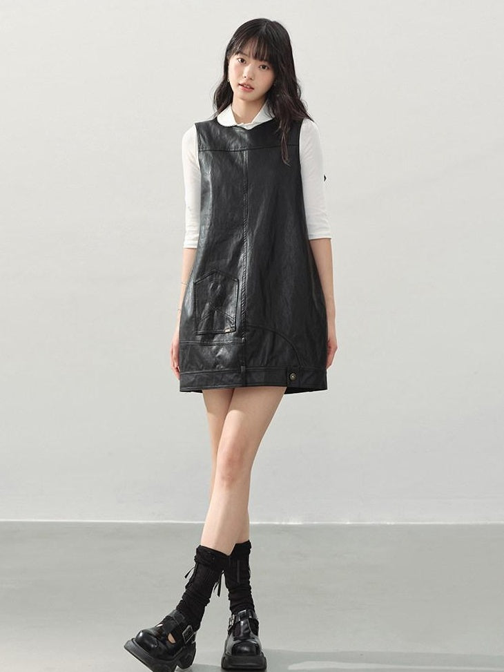 DDGIRL studio Soft Vintage Pu A Line Sleeveless Round Neck Loose Fit Black City Mini Dresses