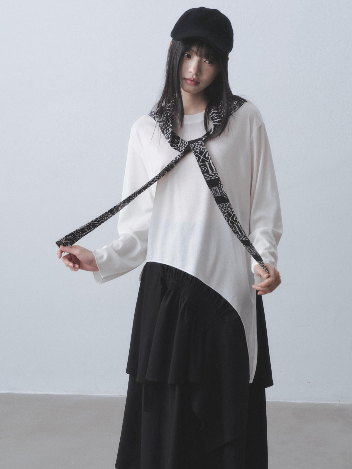 DDGIRL studio Breathable Lyocell Asymmetric Two Piece Women Crew Neck Long Sleeve T-Shirts
