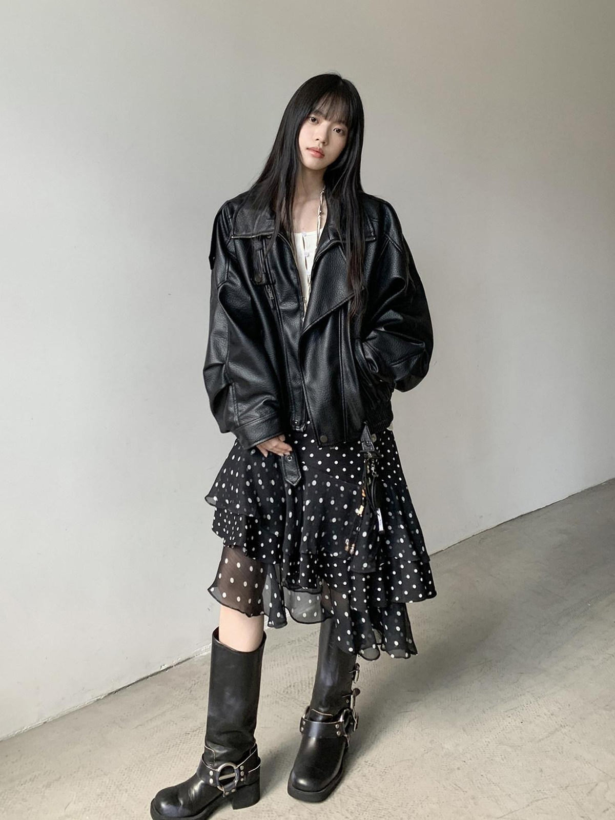DDGIRL studio Shape Retaining Ruffle Hem High Waist Office Young Women Black Lined Midi Skirts