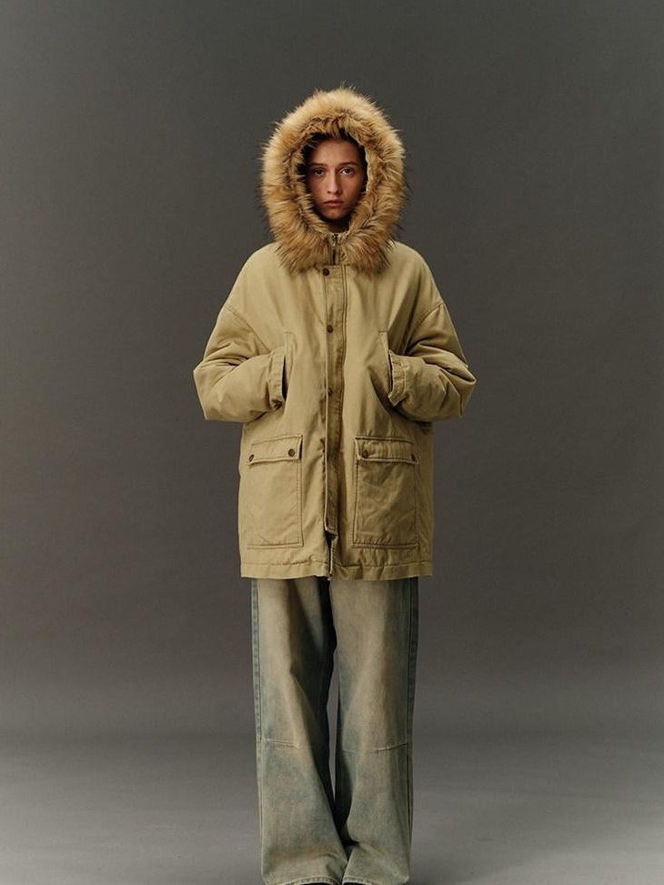 Country Moment Cotton Hooded Straight Fit Mid Length Zipper Street Khaki Green Puffer Jackets