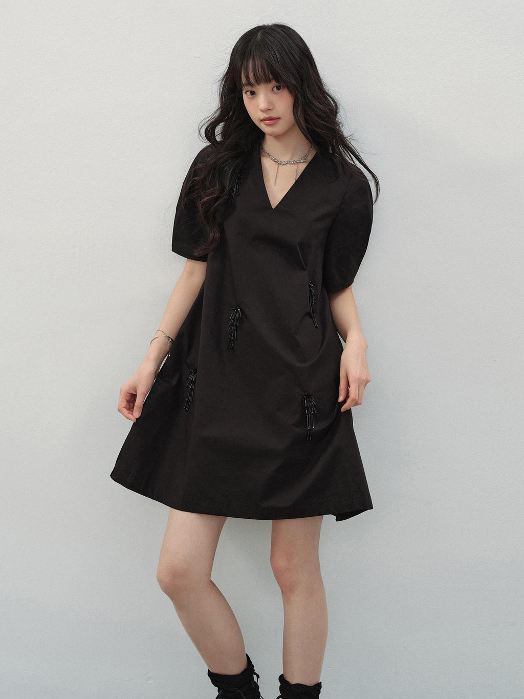 DDGIRL studio Beaded Soft Cotton A Line Puff Sleeve V-neck Back Zipper Black Mini Dresses