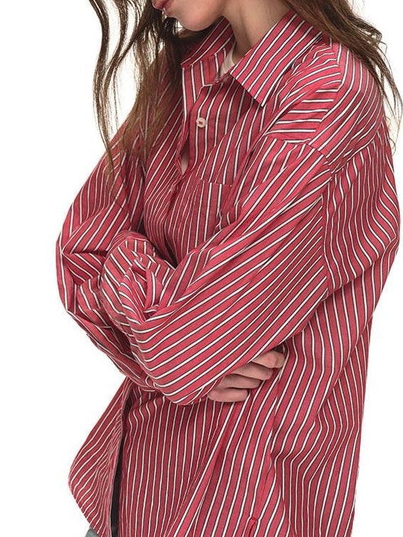 Country Moment 100% Cotton Vintage Oversized Red Stripe Button Long Sleeve Women Shirts