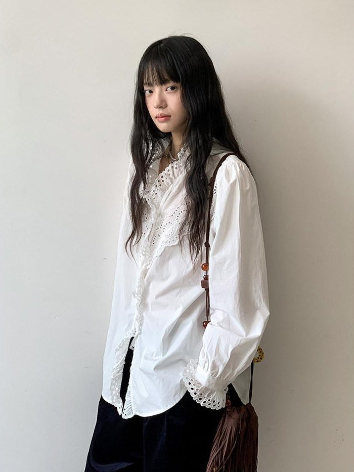 DDGIRL studio Cotton Ruffle Lace Loose V-neck Cardigan Office Casual Women Breathable Shirts