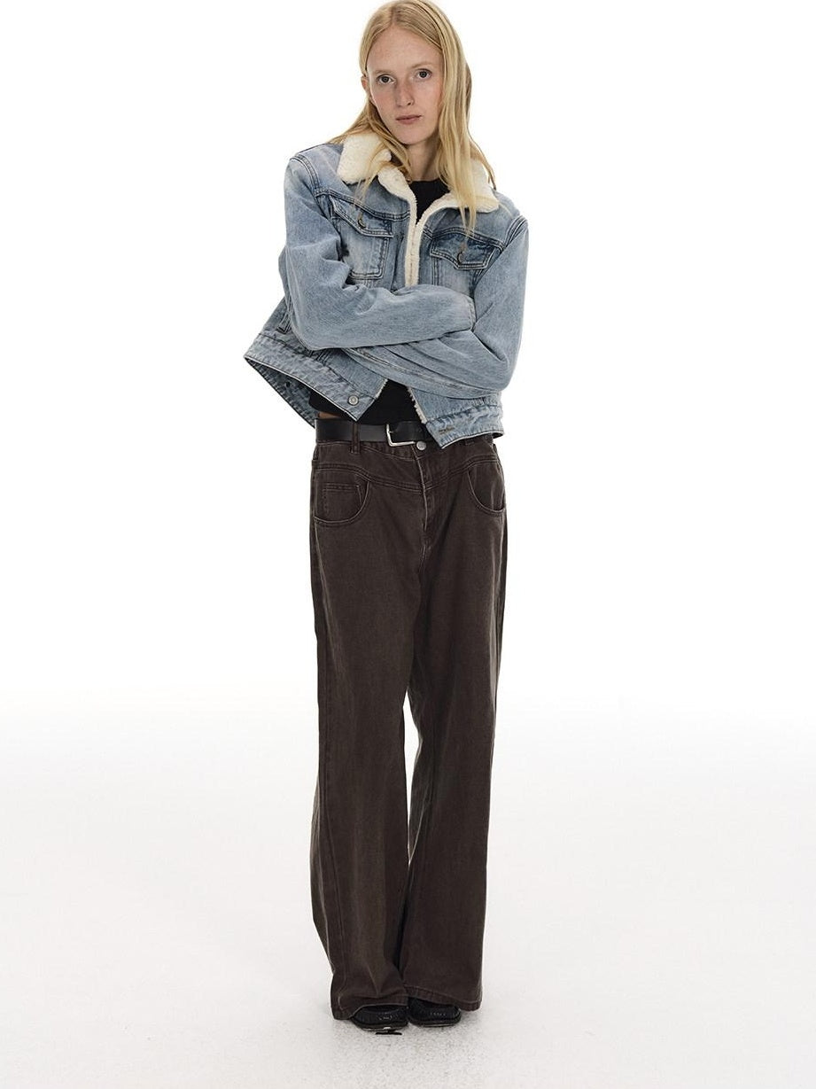 Country Moment Vintage Washed Mid Rise Zipper Flare Loose Casual Unisex Cotton Wide Leg Jeans