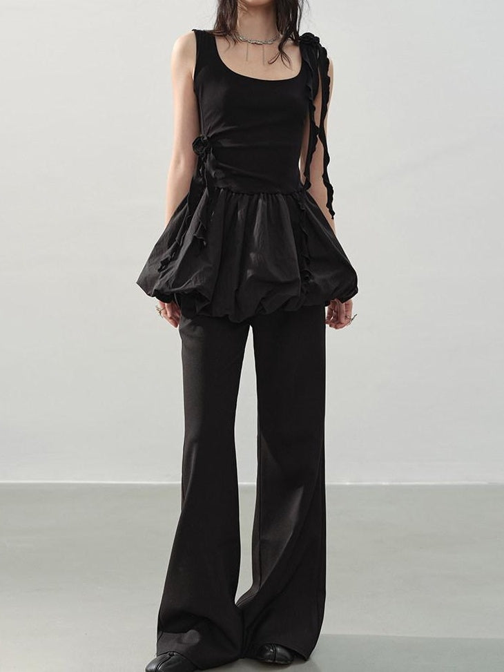 DDGIRL studio Slim Mid Rise Washed Black Micro Flare Zipper Casual Women Straight Pants