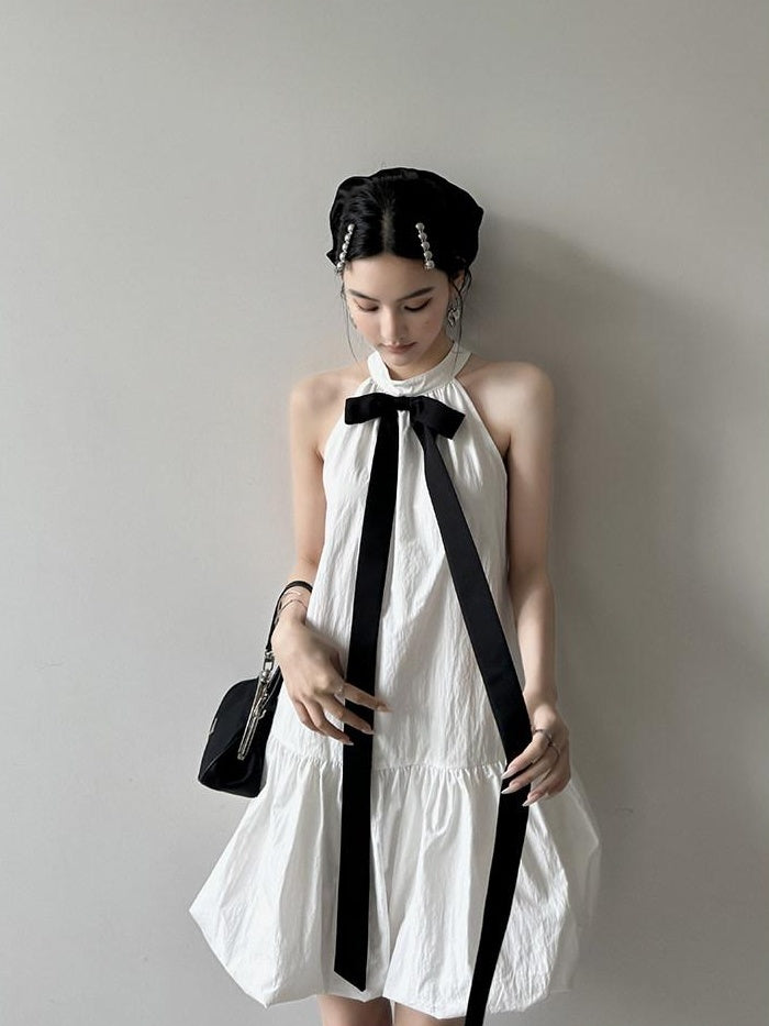 DDGIRL studio Soft Cotton Nylon Bow Sleeveless Aline Office Women Halter Back Zip Midi Dresses
