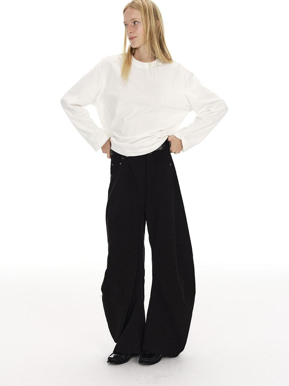 Country Moment Breathable Cotton Sculpted Mid Rise Casual Loose Black Brown Wide Leg Pants