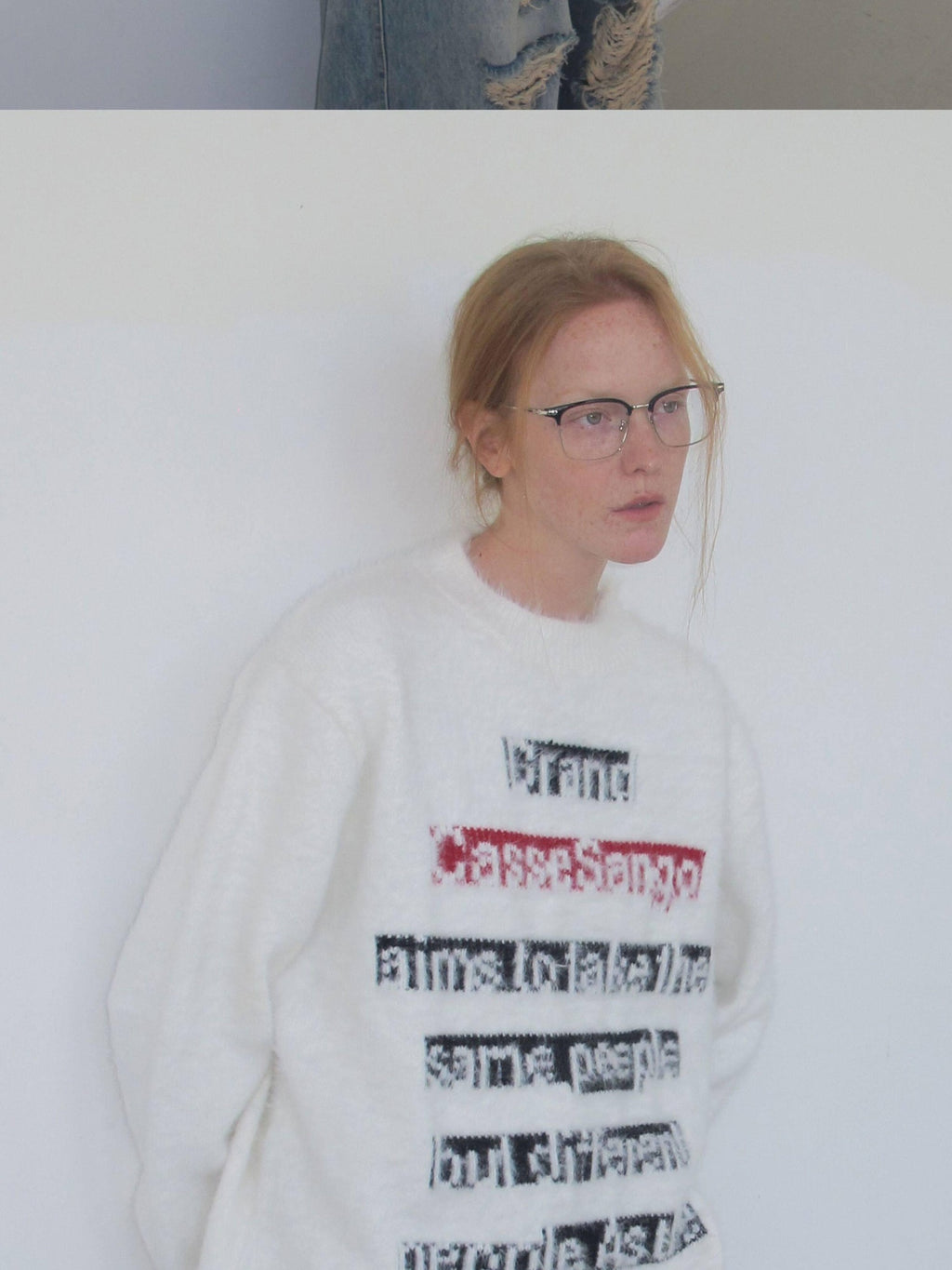 CasseSango Jacquard Letter Crewneck Pullover Trendy Youth Casual White Knit Sweaters