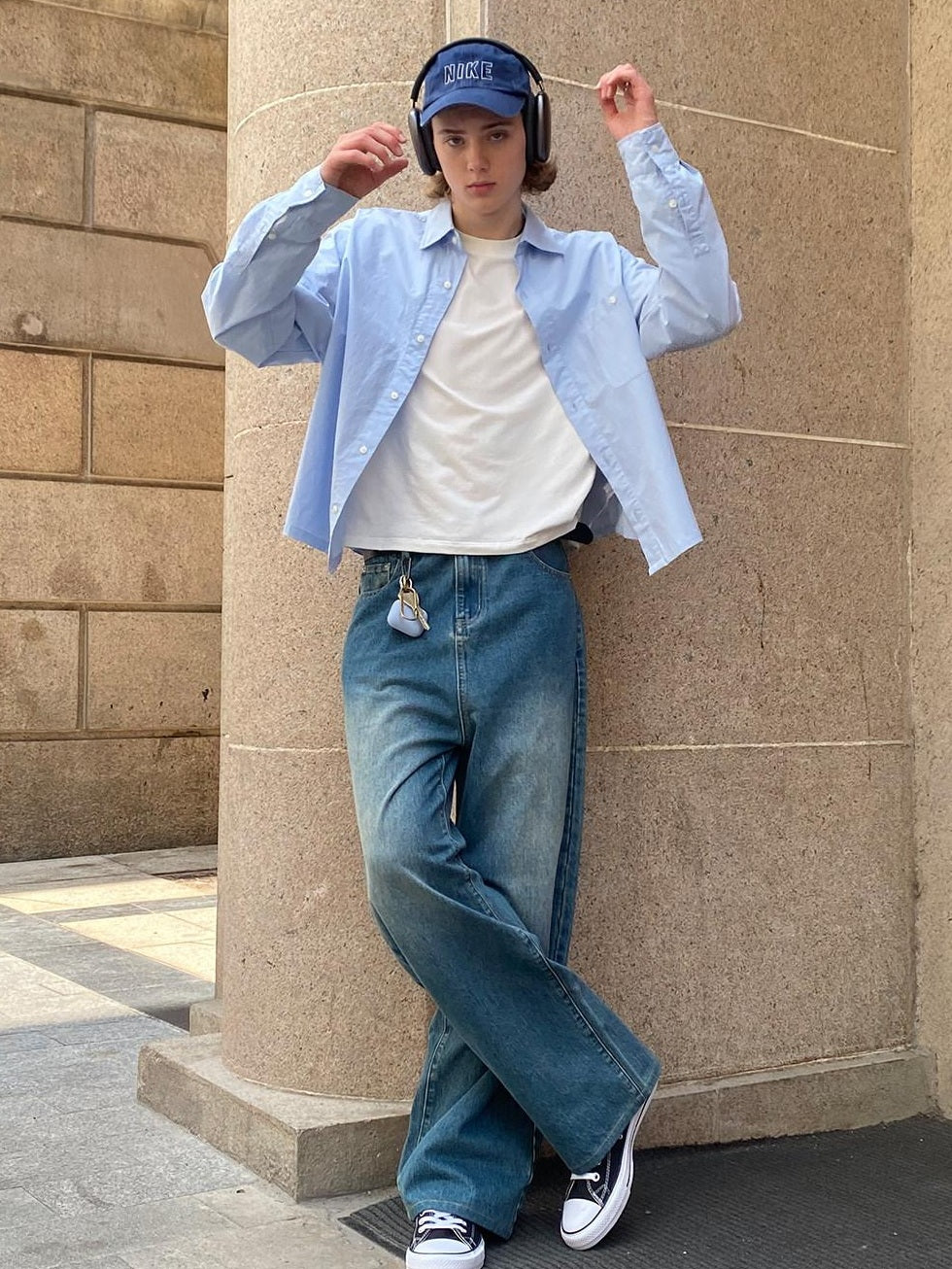 Country Moment Breathable Cotton Retro Washed Mid Rise Relaxed Mens Deep Blue Wide Leg Jeans