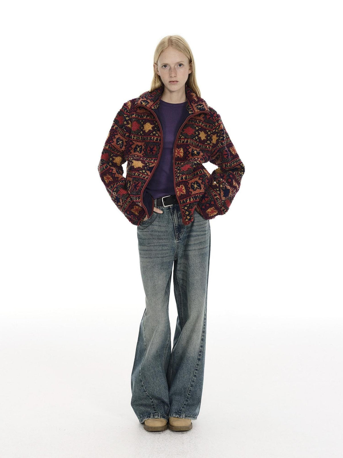 Country Moment Jacquard Thick Cooling Loose Ethnic Stand Collar Retro Red Zip Cropped Jackets