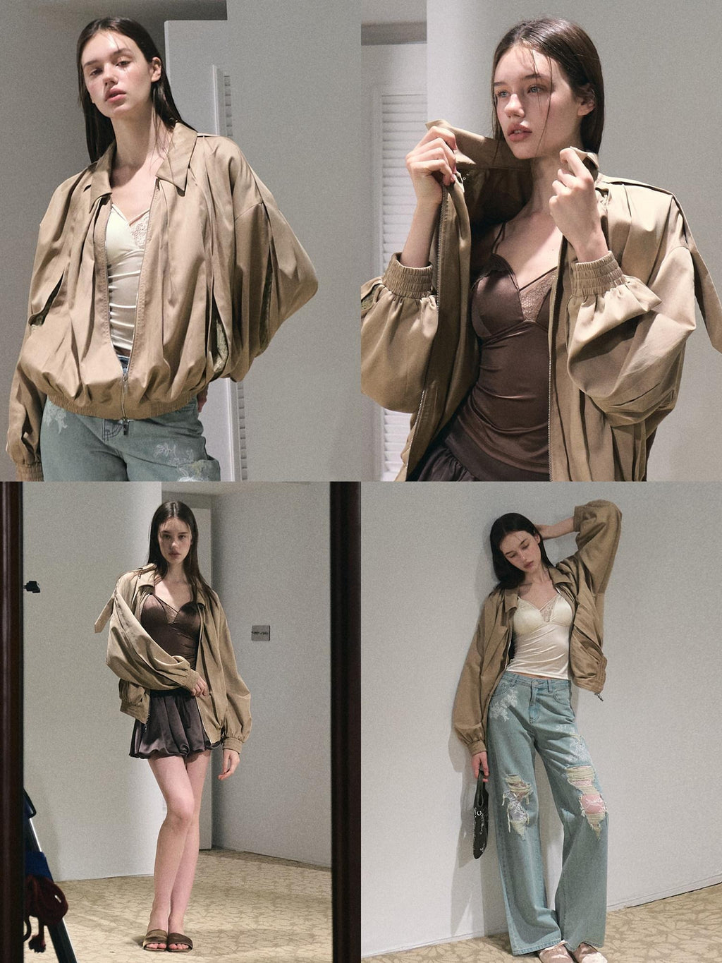 7 OAKMOO Cooling Tencel Loose Fit Casual Stand Collar Zip Women Palm Khaki Short Coat