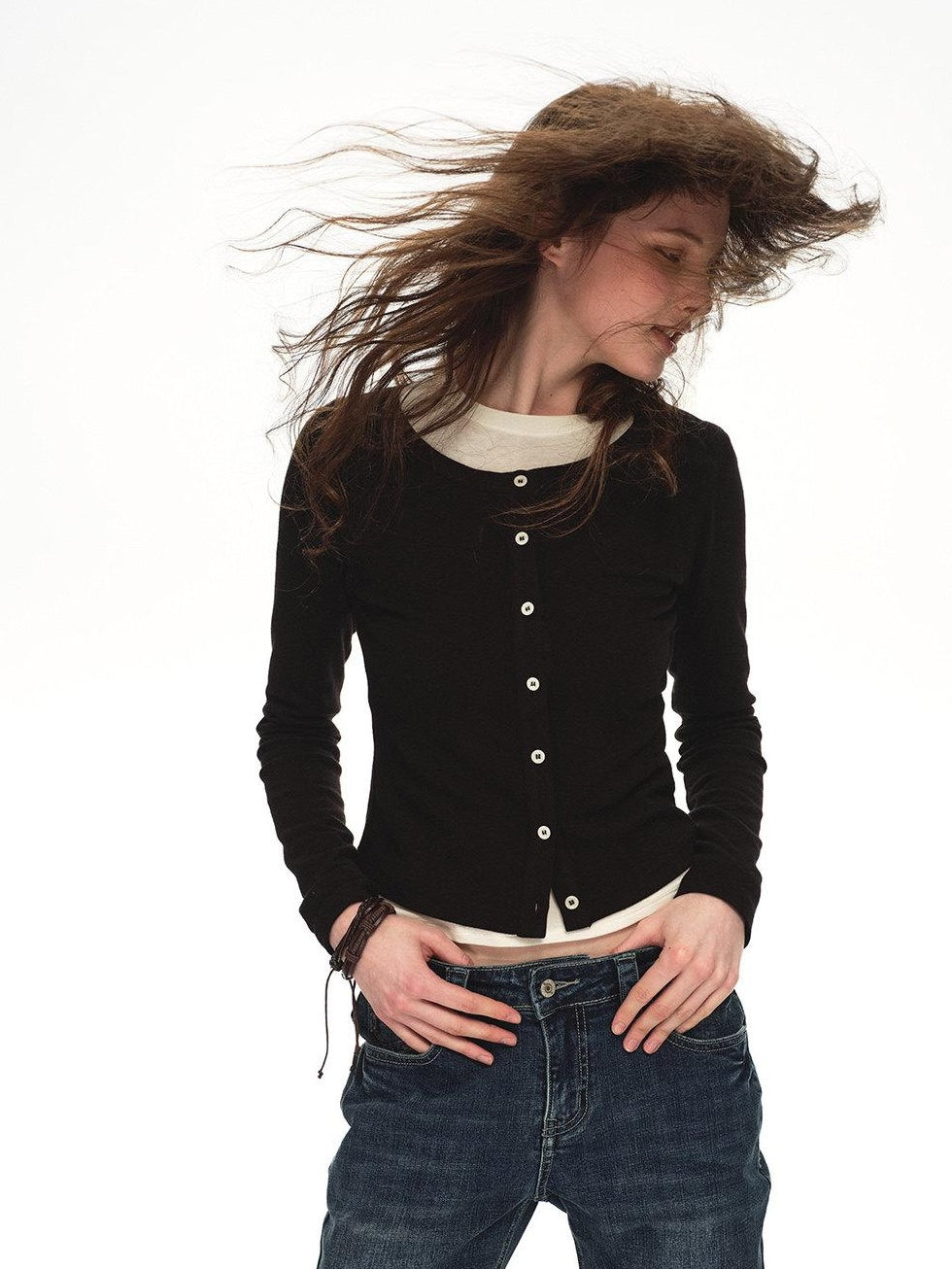 Country Moment Soft Cotton Blend Slim Cropped Round Neck Women Black Button Cardigans
