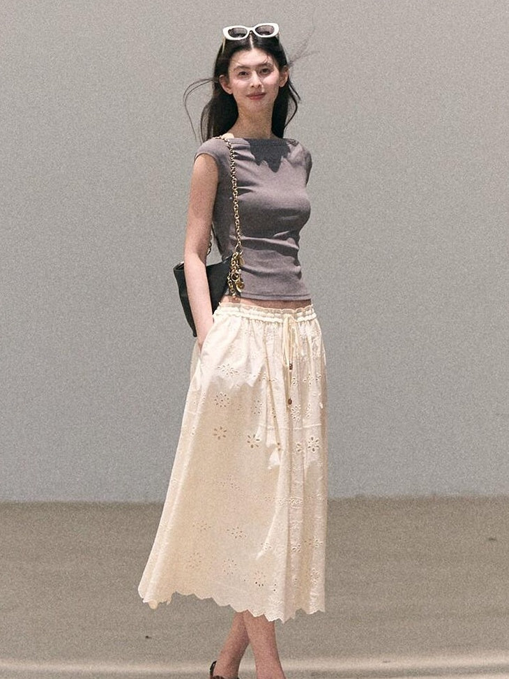 7 OAKMOO Cotton Lined Embroidered A Line Ruffle Elastic Mid Waist Women Maxi Skirts